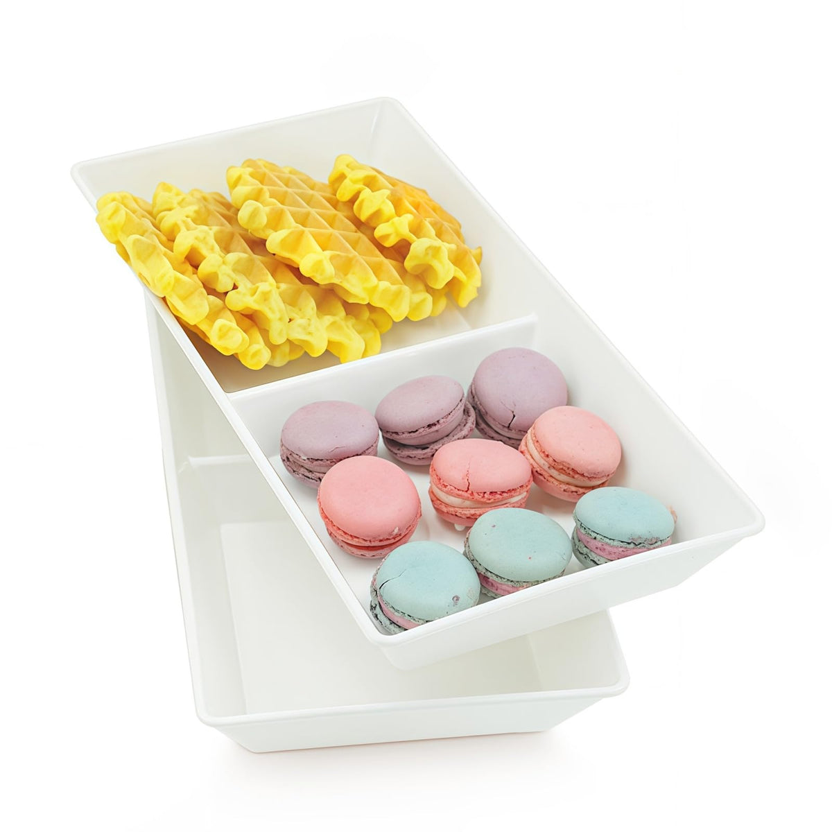 Divided Serving Tray Platter, 4 Pack 15" x 10" Fruit Veggie Food Tray for Party, Plastic Serving Trays for Appetizer, Snack, Dessert, Cookie, Brunch Decorations Platters, White Trays BPA-Free