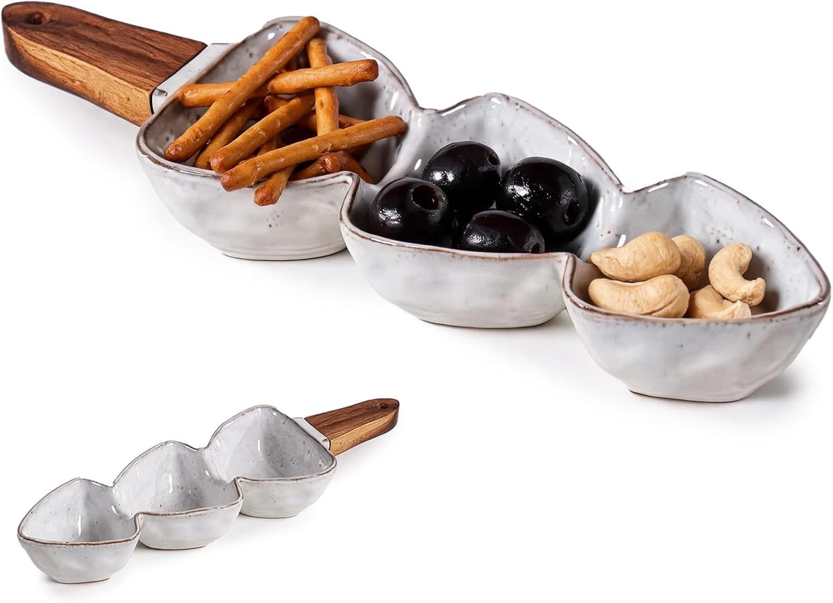 Ceramic 3‑Compartment Snack Tray w/ Wooden Handle for Nuts Candy Appetizers