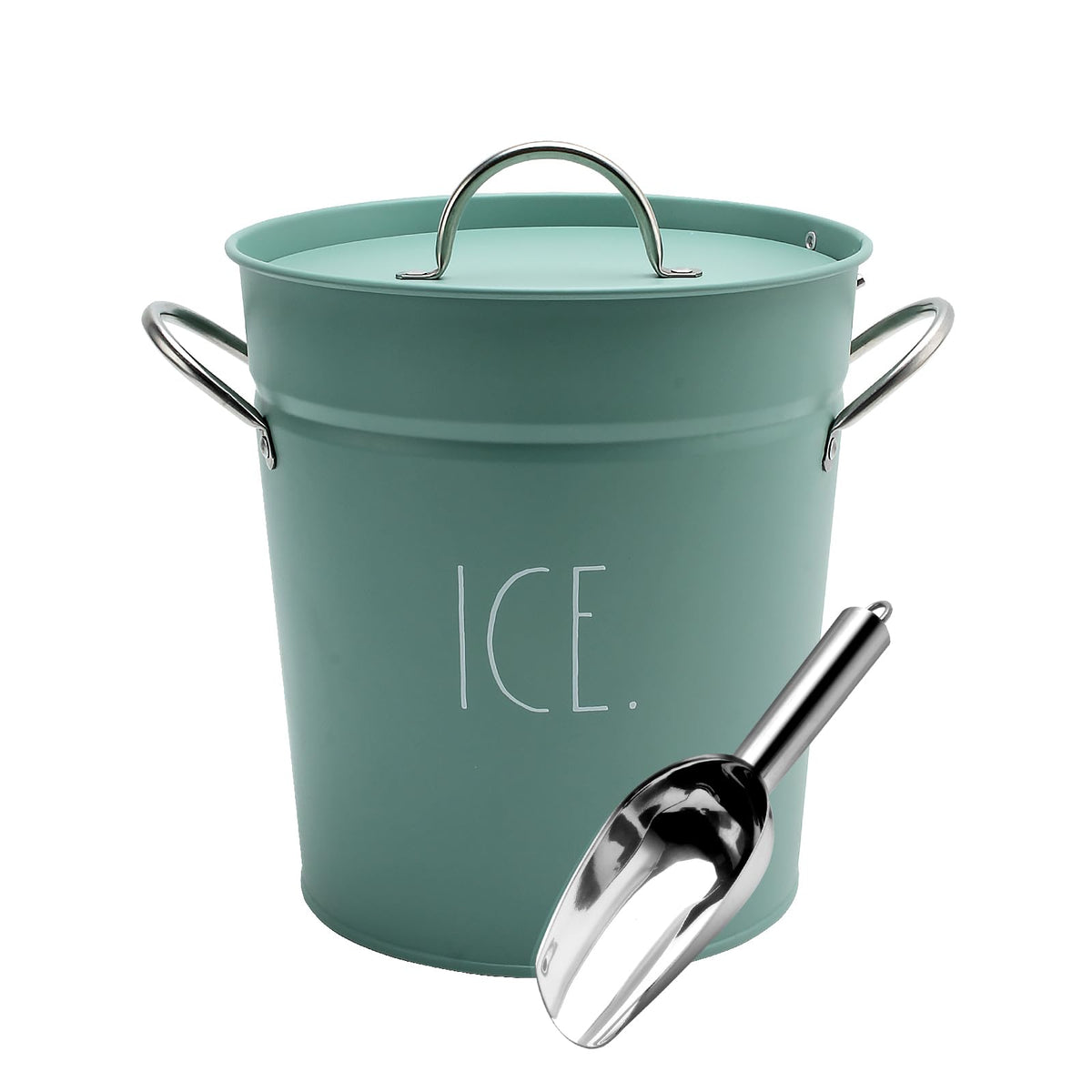 Rae Dunn Ice Bucket with Scoop - Stainless Steel Bucket with Handle, Lid and Ice Scooper - 4 Qt. Storage Bin for Ice Cubes for Bars, Parties, Backyard Barbeques, Picnics, and Camping (Sage)
