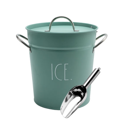 Rae Dunn Ice Bucket with Scoop - Stainless Steel Bucket with Handle, Lid and Ice Scooper - 4 Qt. Storage Bin for Ice Cubes for Bars, Parties, Backyard Barbeques, Picnics, and Camping (Sage)