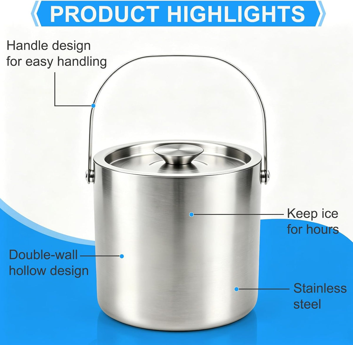 Stainless Steel Ice Bucket,3L Insulated Ice Bucket With Lid & Tongs