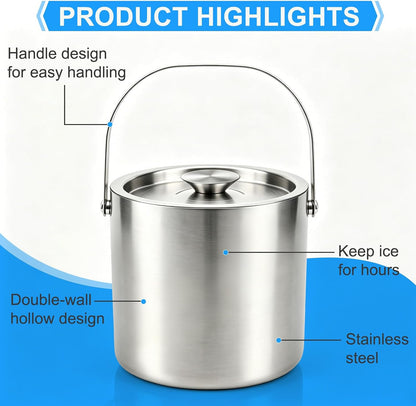 Stainless Steel Ice Bucket,3L Insulated Ice Bucket With Lid & Tongs