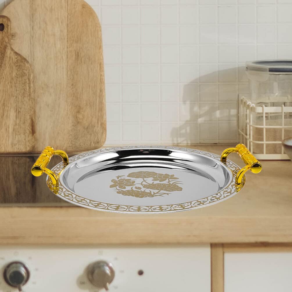 Golden Fruit Serving Tray Round Decorative Tray for Snacks Candy Nuts Dried Fruit Home Kitchen Dining Table Storage Plate European Style Centerpiece 13.18 X 13.18 X 1.57 in