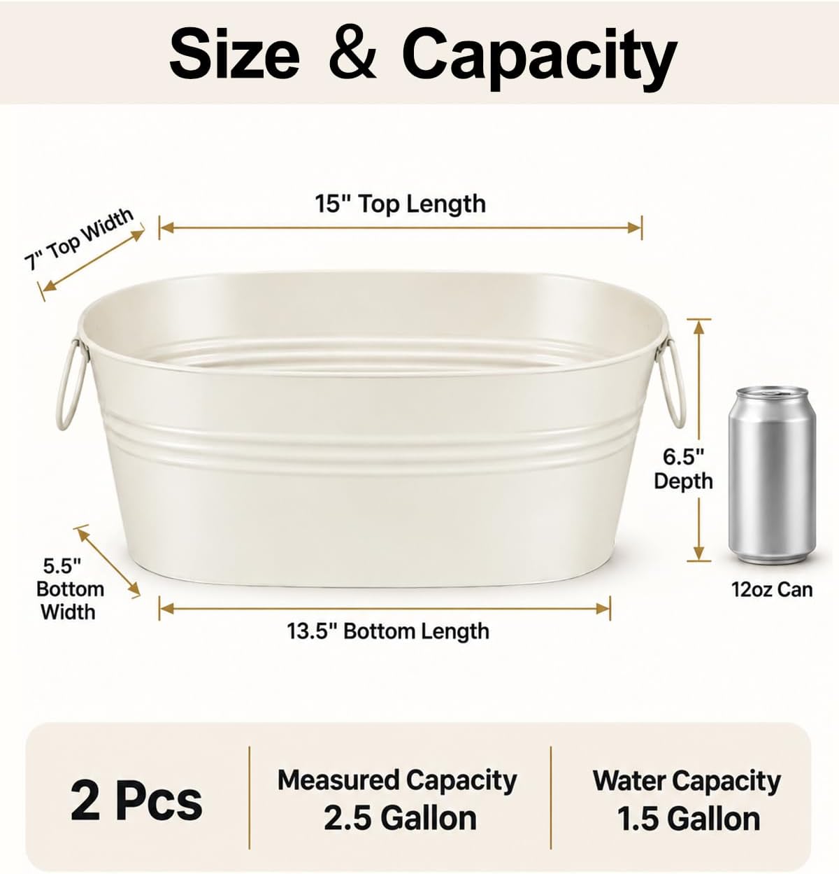 2 Pack 2.5 Gallon Galvanized Ice Buckets with Handles, White