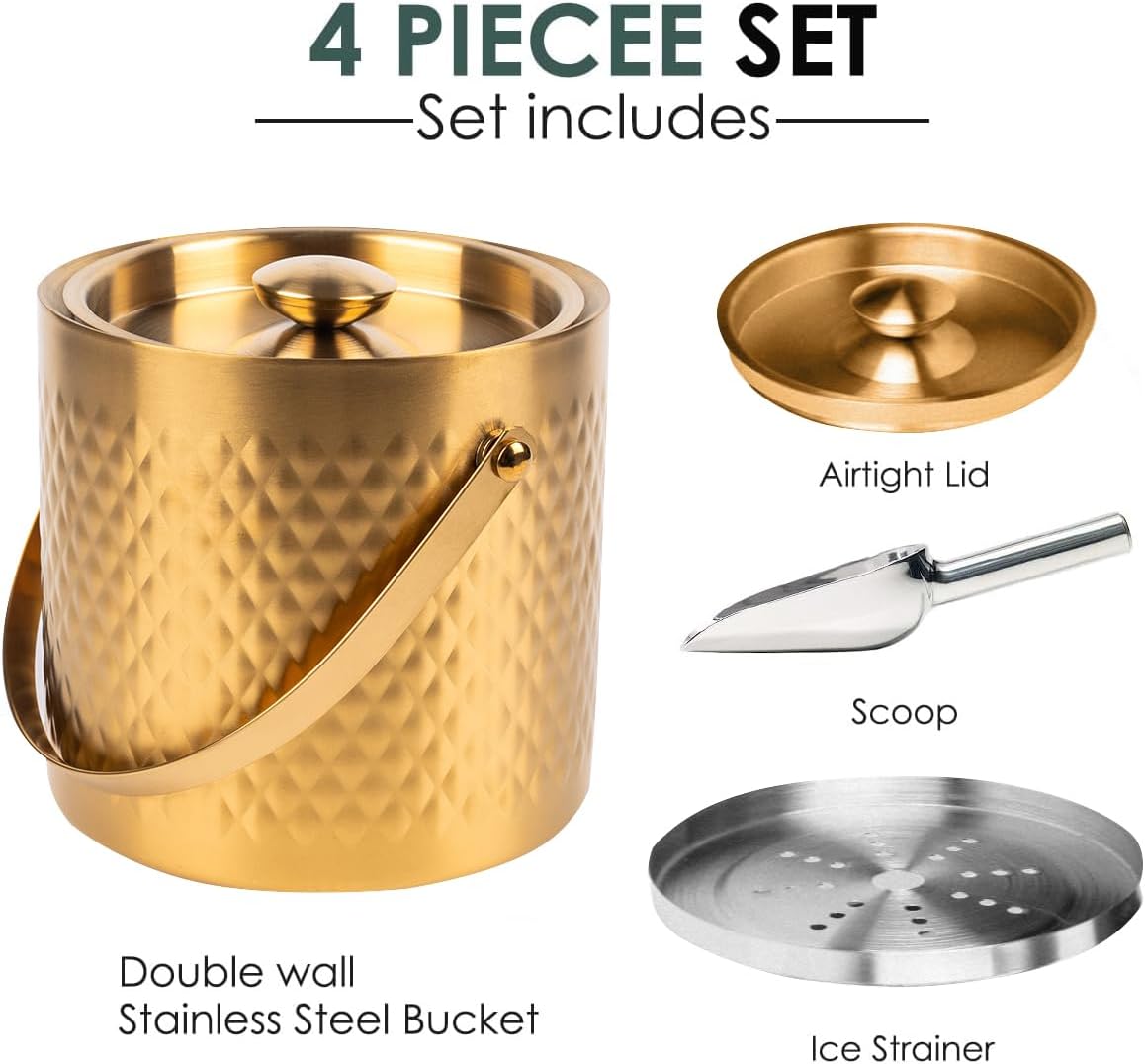 3L gold insulated ice buckets for parties with lid and scoop