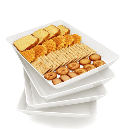 Serving Tray Platter, 4 Pack Food Tray for Veggie Fruit Snack Dessert Cookie Cheese, Food Trays for Party Supplies Display, Plastic Platters for Serving Food, Large White Trays, BPA Free