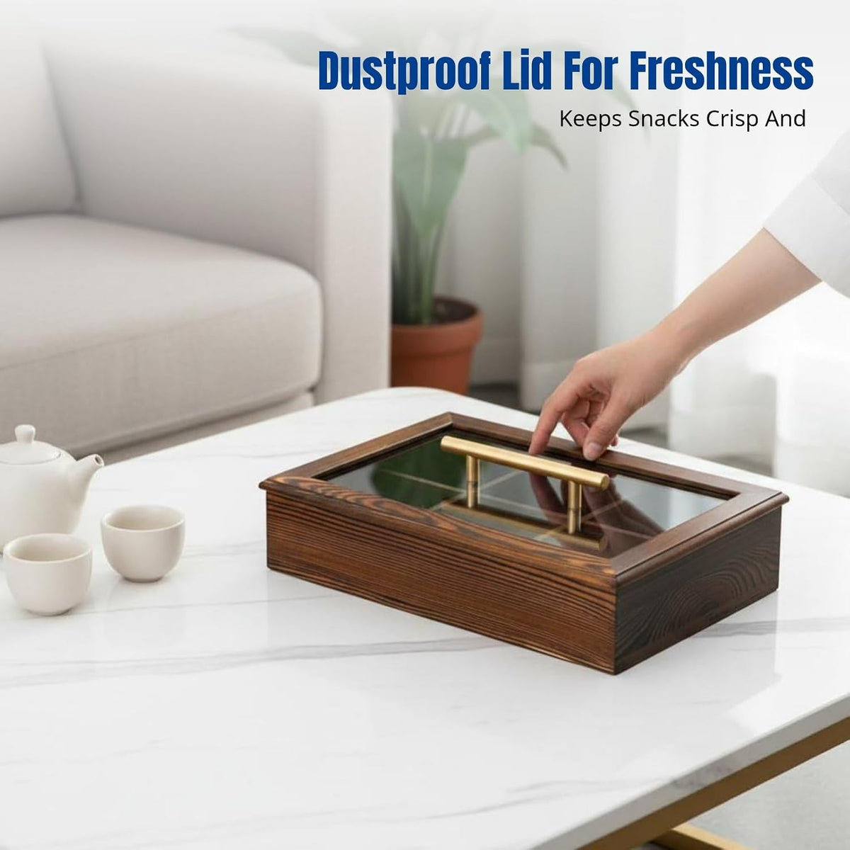 Divided Serving Tray with Lid, Wooden Snack Serving Tray for Nuts, Candy, Cookies, Dried Fruit and Sweets, Rectangle Snack Storage Box with Handle for Party, Family Gathering, Tea Table and Home Decor