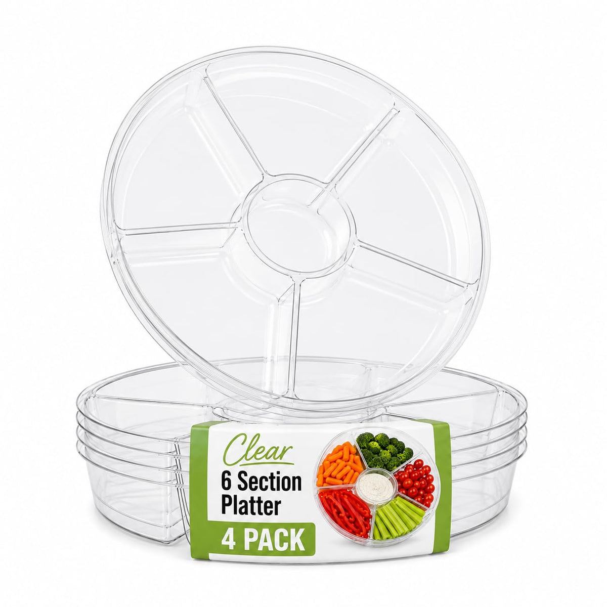 R-kay 4 Pack, 6 Sectional White Plastic Serving Trays For Party With Gold Rim - Heavy Duty Gold Party Trays For Serving Food - 12 Inch Platters
