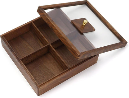 Koqye 4-Compartment Snack Tray with Lid - North American Walnut Serving Platter for Dry Fruits/Nuts/Candy, Multi-Purpose Party Food Storage Container