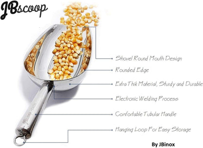 JBscoop Stainless Steel large Ice Scoop 11.3 inch, Feed Candy Popcorn Sugar Utility Scoop Easy Storage, Heavy Duty - 18 Oz
