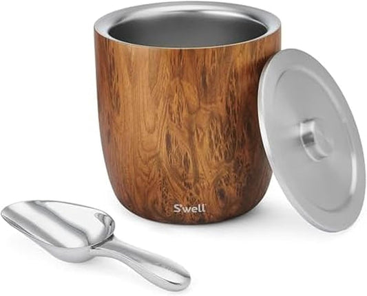 S'well Stainless Steel Ice Bucket XL, 100oz, Teakwood, Includes Lid And Scoop, Triple Layered Vacuum Insulated Container Keeps Ice Colder for Longer, BPA Free Barware