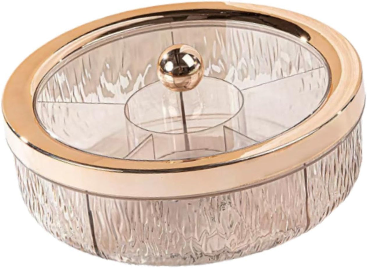 Rotating Divided Serving Tray with Lid, 6-Compartment Candy and Snack Platter, Rose Gold, for Wedding Party and Home Entertaining