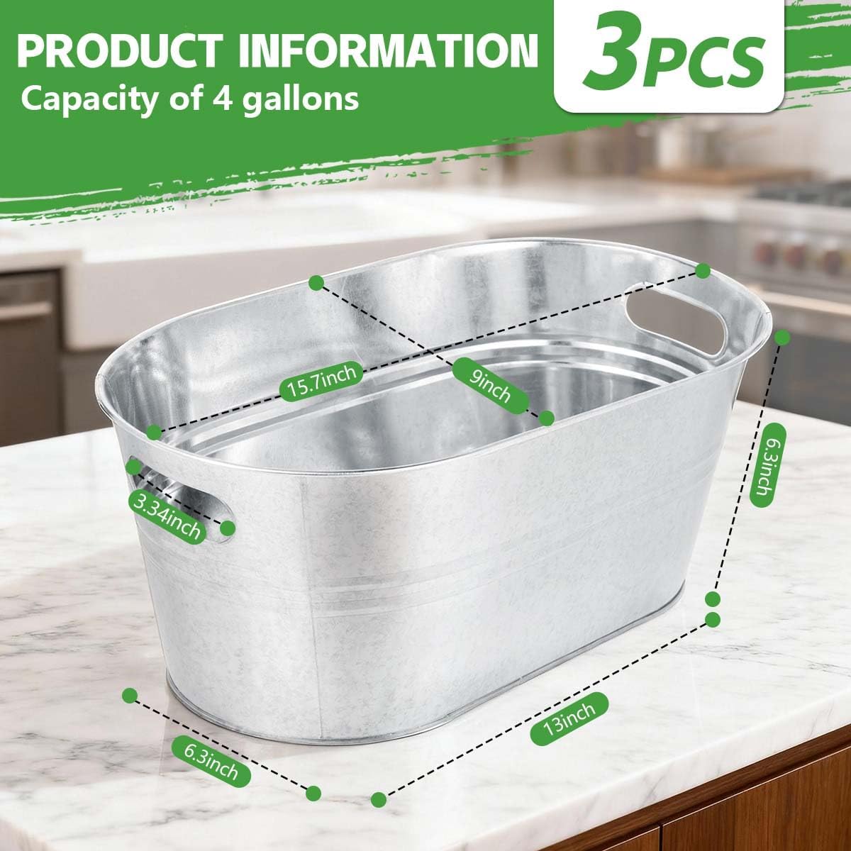 OBTANIM 3 Pack 4 Gallon Galvanized Ice Buckets Metal Champagne Drink Cooler Ice Tub with Carry Handles for Beer Cocktails Wine Beverage Home Parties Bar Cooling Supplies (Silvery)