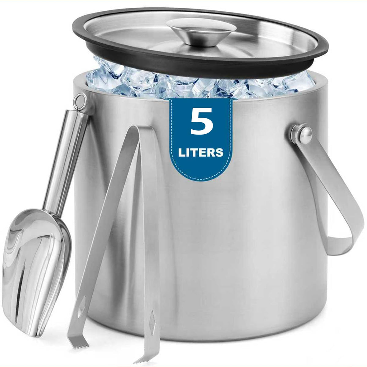 3L Double-Wall Stainless Steel Ice Bucket with Lid,Scoop,Tongs,Handle
