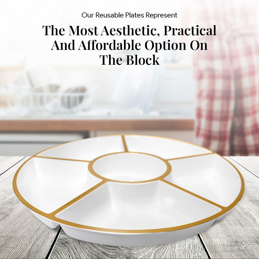 R-kay 4 Pack, 6 Sectional White Plastic Serving Trays For Party With Gold Rim - Heavy Duty Gold Party Trays For Serving Food - 12 Inch Platters