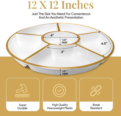 R-kay 4 Pack, 6 Sectional White Plastic Serving Trays For Party With Gold Rim - Heavy Duty Gold Party Trays For Serving Food - 12 Inch Platters
