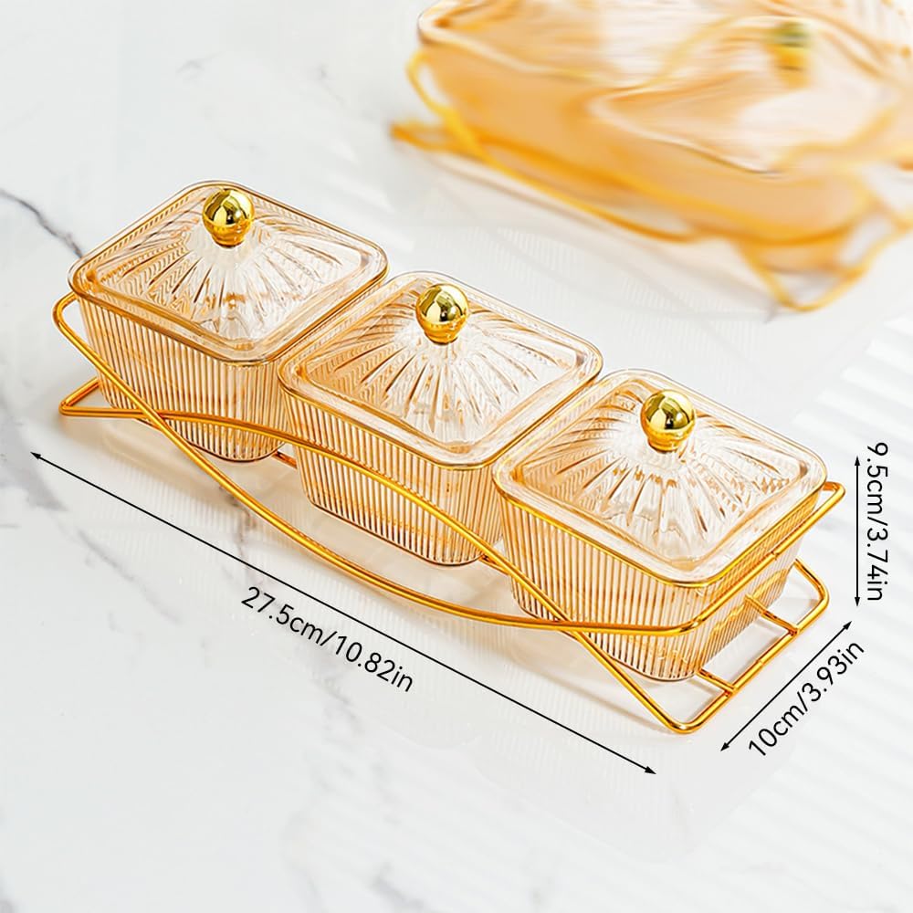 Set of 3 Clear Serving Bowls with Lid and Gold Basket Tray, Removable Nut Serving Platter Snack Box for Chips, Charcuterie, Fruits, Candy and Condiments (Amber-C Base)