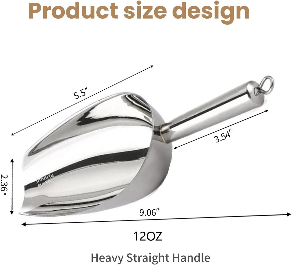 12 Oz 304 Stainless Steel Ice Scoop with Magnetic Hook - Heavy Duty Commercial Ice Shovel for Ice Maker & Freezer, Large Scooper for Bar, Kitchen, Party & Pet Food, Easy to Clean (Silver)