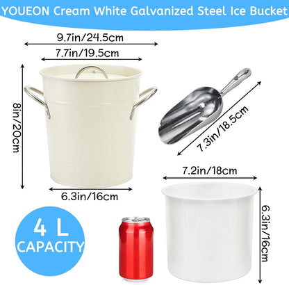 YOUEON 4L Ice Bucket with Scoop and Lid, Double Walled Insulated Wine Bucket Chiller with Carry Handles, Beverage Tub for Cocktail Party, Camping, BBQ, Indoor & Outdoor Use, White