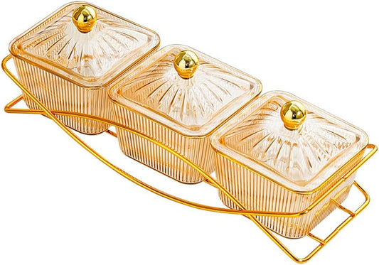 Set of 3 Clear Serving Bowls with Lid and Gold Basket Tray, Removable Nut Serving Platter Snack Box for Chips, Charcuterie, Fruits, Candy and Condiments (Amber-C Base)