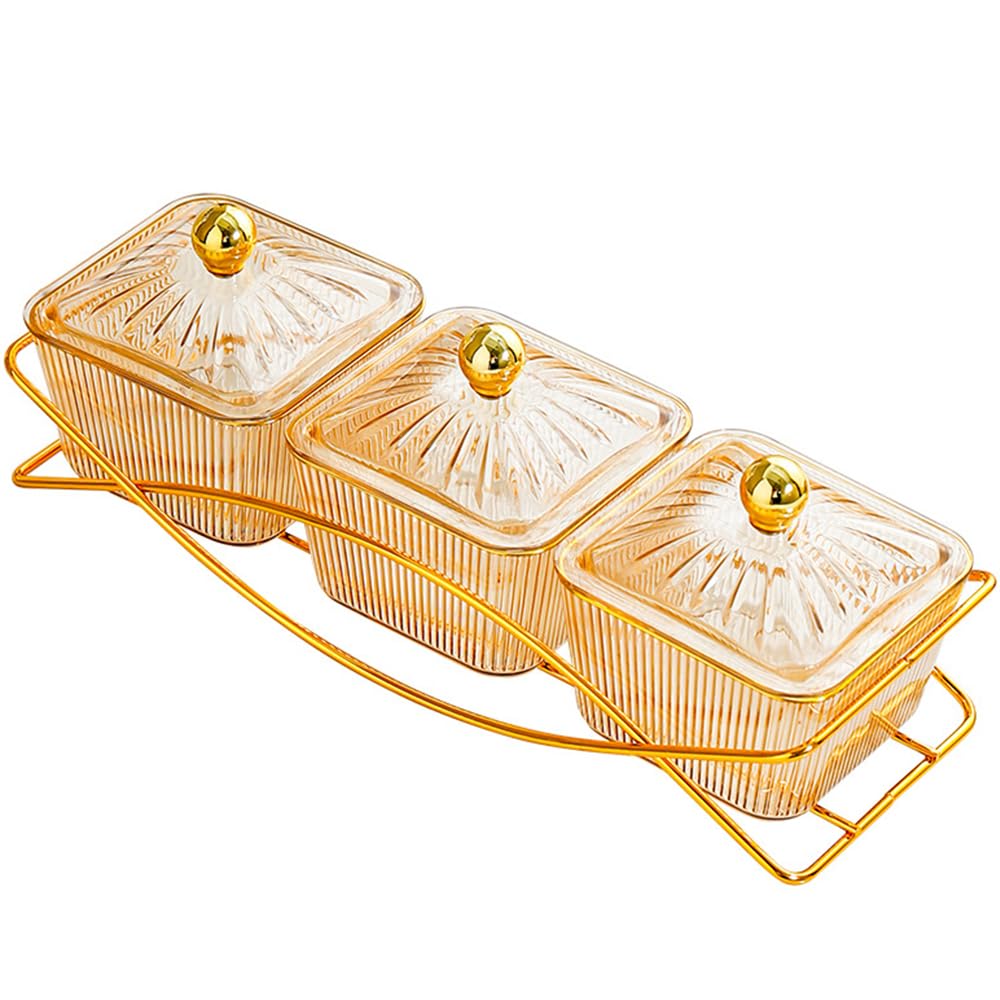 Set of 3 Clear Serving Bowls with Lid and Gold Basket Tray, Removable Nut Serving Platter Snack Box for Chips, Charcuterie, Fruits, Candy and Condiments (Amber-C Base)