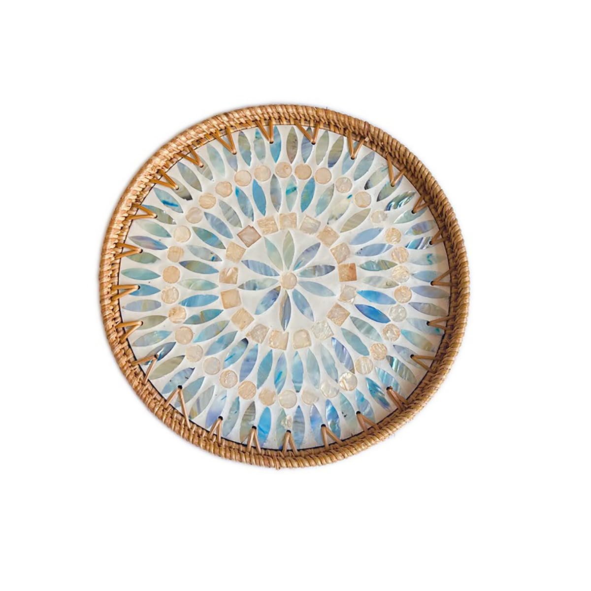 Mother of Pearl Tray Round Rattan Tray with Mother of Pearl Inlay Rattan Serving Tray with Wooden Base, Decorative Wicker Basket for Table Decor Bread Fruits Coffee, Leaf (Blue)
