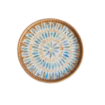 Mother of Pearl Tray Round Rattan Tray with Mother of Pearl Inlay Rattan Serving Tray with Wooden Base, Decorative Wicker Basket for Table Decor Bread Fruits Coffee, Leaf (Blue)