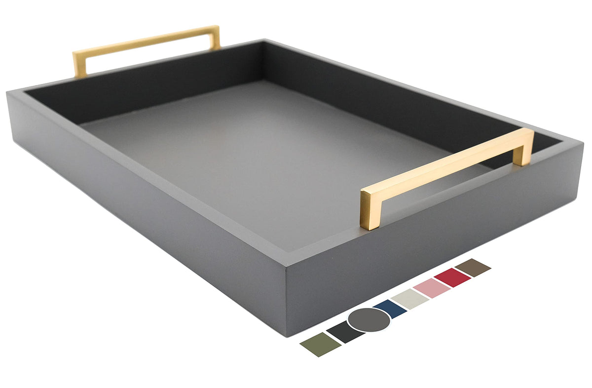 Decorative Coffee Table Tray - Ottoman Tray - Breakfast, Drinks, Liquor Serving Platter - from Farmhouse to Modern - Matte Finish - Champagne Gold Handles - Twilight-Blue