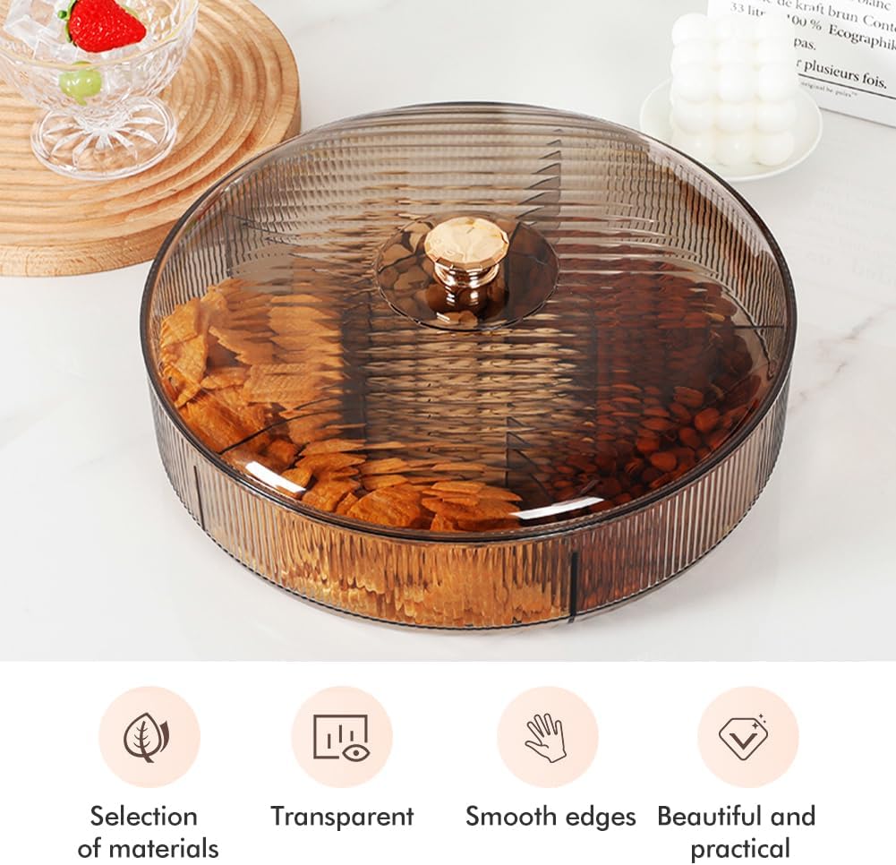 Divided Clear Snack Serving Tray with Lid, 6 Compartments Round Plastic Food Storage Organizer for Fruits, Nuts, Candies, Cookies, Snackle Box for Kitchen, Party and Picnic(Grey)