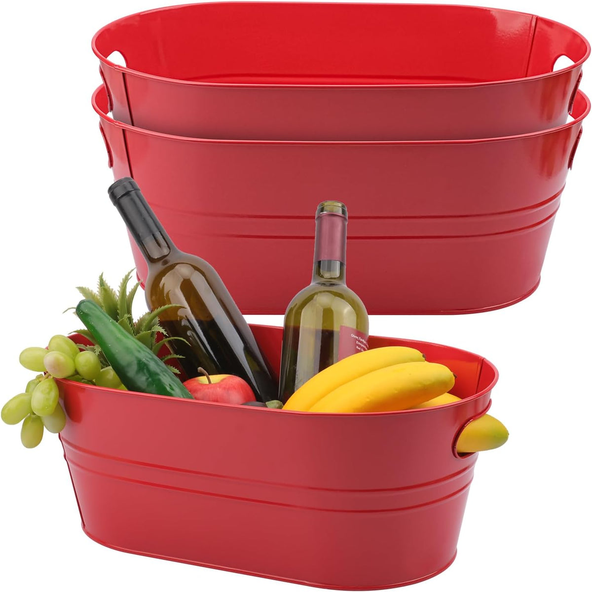 3 Pack 15.3" x 9" x 6" Red Metal Galvanized Tub with Handles, 3 Gallon Large Beverage Tubs for Parties, Beer, Wine, and Cocktails, Rust-Proof and Durable Ice Buckets