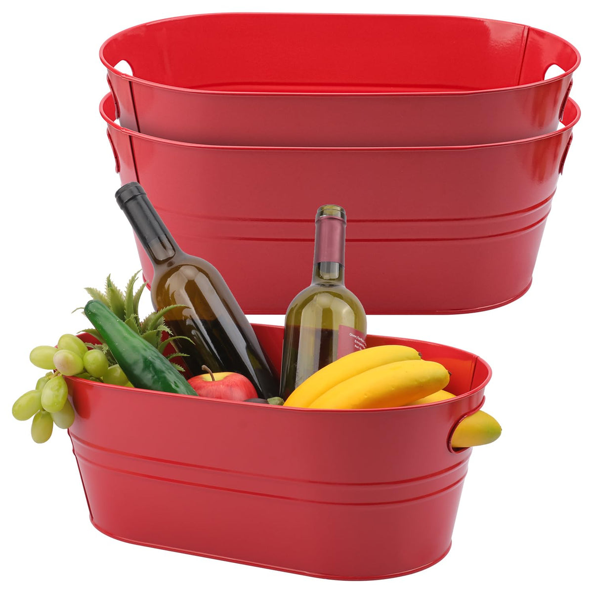 3 Pack 15.3" x 9" x 6" Red Metal Galvanized Tub with Handles, 3 Gallon Large Beverage Tubs for Parties, Beer, Wine, and Cocktails, Rust-Proof and Durable Ice Buckets