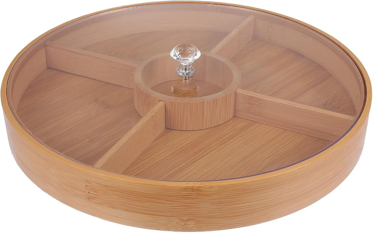 DOITOOL Bamboo Snack Tray with Lid 4-Compartment Divided Platter for Nuts Dried Fruit Candy Serving Food Storage Tray for Home Dining 11.81 X 11.81 X 1.96 in