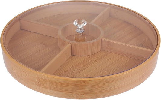DOITOOL Bamboo Snack Tray with Lid 4-Compartment Divided Platter for Nuts Dried Fruit Candy Serving Food Storage Tray for Home Dining 11.81 X 11.81 X 1.96 in