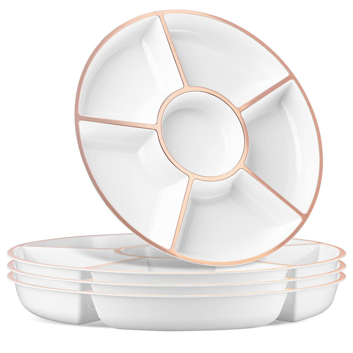 Plasticpro 6 Sectional Round Plastic Serving Tray/Platter (2, White & Gold)