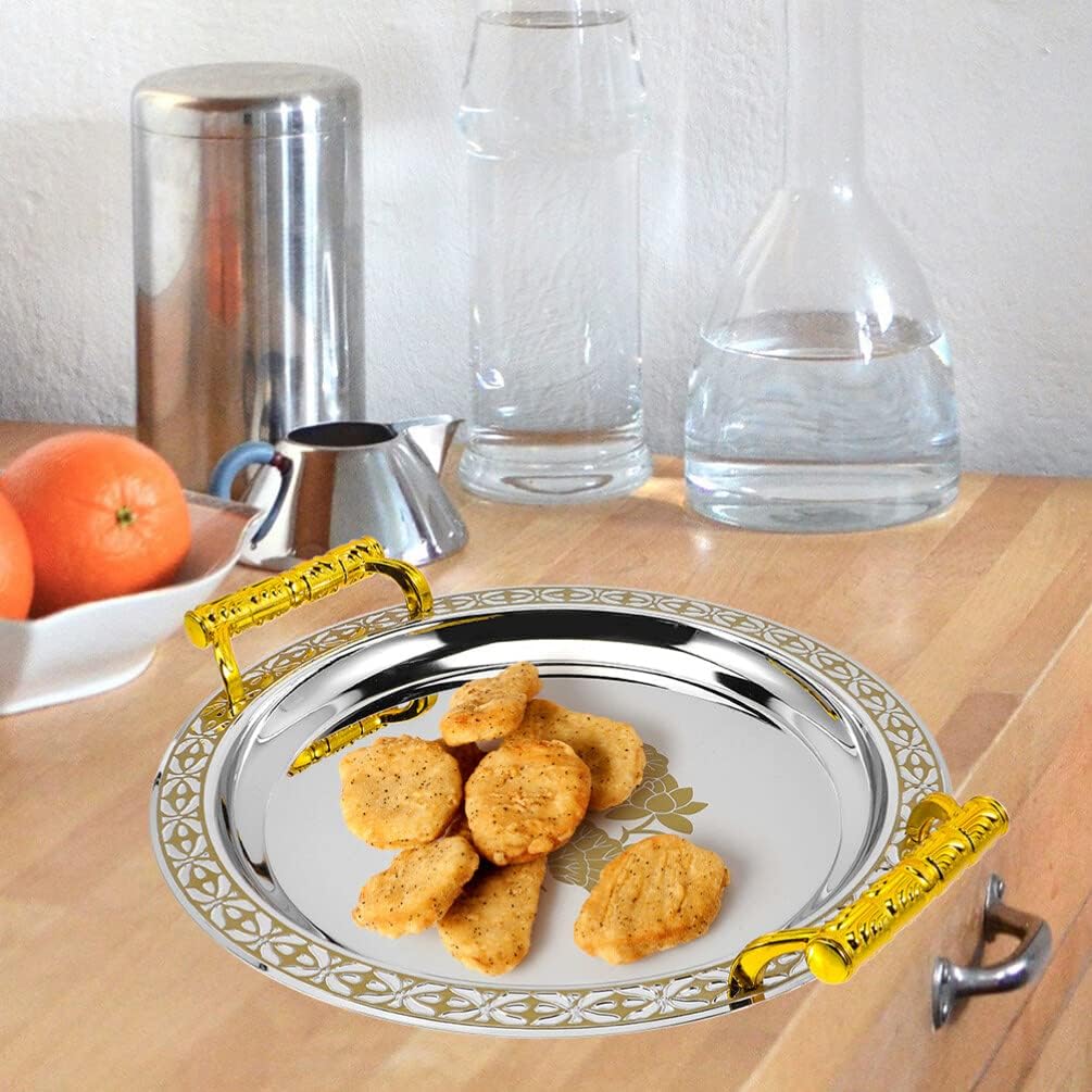 Golden Fruit Serving Tray Round Decorative Tray for Snacks Candy Nuts Dried Fruit Home Kitchen Dining Table Storage Plate European Style Centerpiece 13.18 X 13.18 X 1.57 in