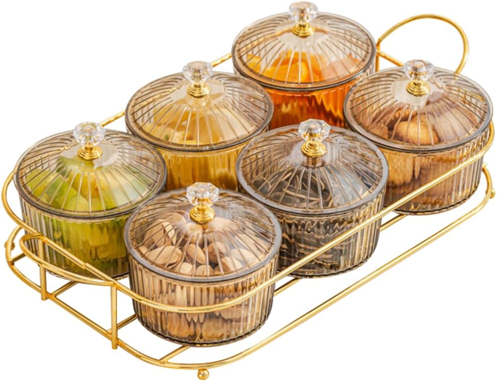 Plastic Snackle Box Container Snack Organizer and Fruit Platter with Lids and Metal Rack Divided Serving Bowl for Nuts Candy Dry Fruits (6 Bowls)