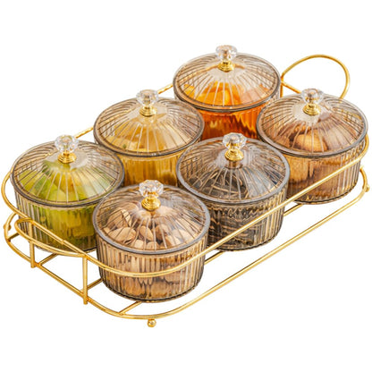 Plastic Snackle Box Container Snack Organizer and Fruit Platter with Lids and Metal Rack Divided Serving Bowl for Nuts Candy Dry Fruits (6 Bowls)