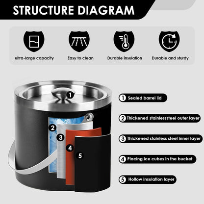 3L Double Wall Insulated Stainless Steel Ice Bucket for parties