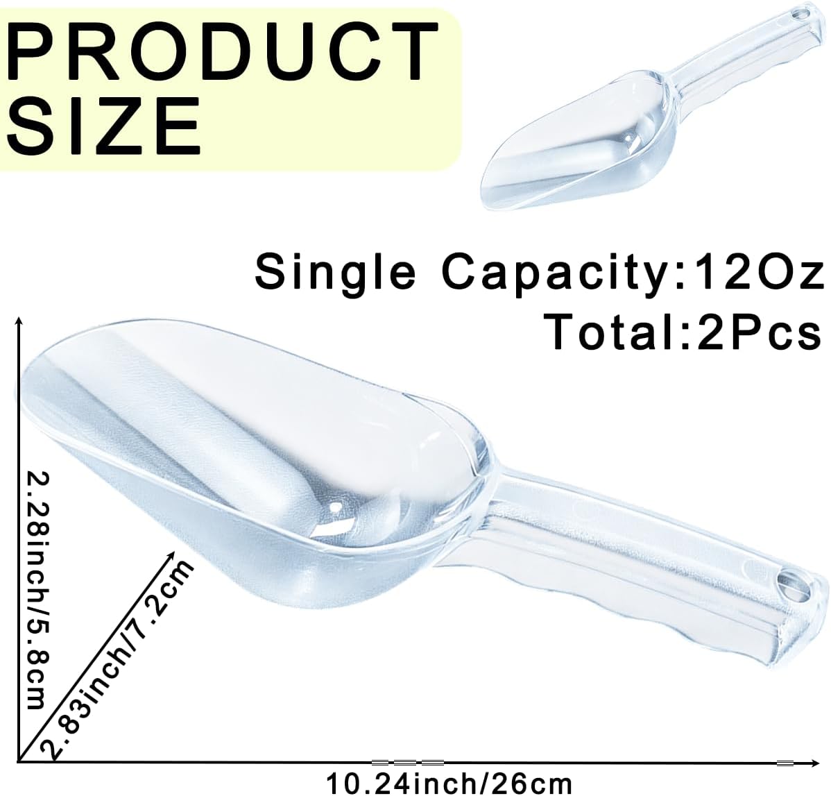 2 Pcs Plastic Ice Scoop 12 Oz Clear Polycarbonate for Ice Maker Ice Bucket Ice Cream Pet Food Coffee Beans Ergonomic Handle