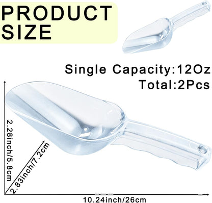 2 Pcs Plastic Ice Scoop 12 Oz Clear Polycarbonate for Ice Maker Ice Bucket Ice Cream Pet Food Coffee Beans Ergonomic Handle