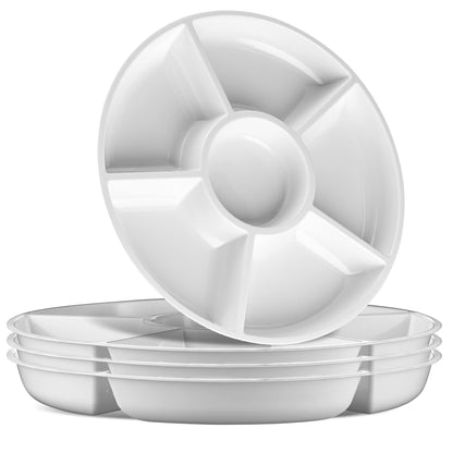 6 Sectional Round Plastic Serving Tray/Platters White W Silver Rim Pack of 2