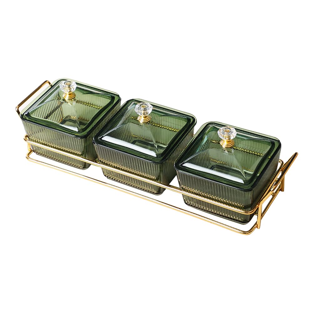 Set of 3 Clear Serving Bowls with Lid and Gold Basket Tray, Removable Nut Serving Platter Snack Box for Chips, Charcuterie, Fruits, Candy and Condiments (Amber-C Base)