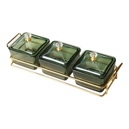 Set of 3 Clear Serving Bowls with Lid and Gold Basket Tray, Removable Nut Serving Platter Snack Box for Chips, Charcuterie, Fruits, Candy and Condiments (Amber-C Base)
