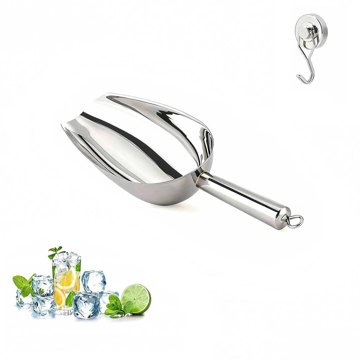 12 Oz 304 Stainless Steel Ice Scoop with Magnetic Hook - Heavy Duty Commercial Ice Shovel for Ice Maker & Freezer, Large Scooper for Bar, Kitchen, Party & Pet Food, Easy to Clean (Silver)