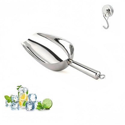 12 Oz 304 Stainless Steel Ice Scoop with Magnetic Hook - Heavy Duty Commercial Ice Shovel for Ice Maker & Freezer, Large Scooper for Bar, Kitchen, Party & Pet Food, Easy to Clean (Silver)