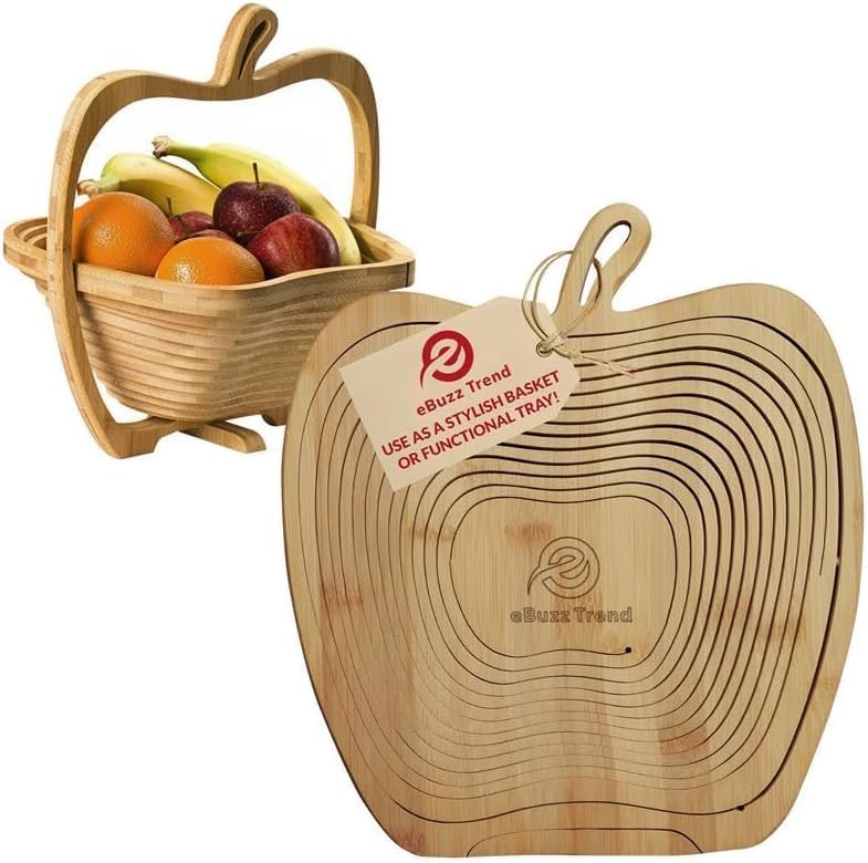 Apple Shaped Foldable Bamboo Dried Fruits Basket & Tray – Collapsible Wooden Fruit Bowl Holder for Kitchen Table & Holiday Decor