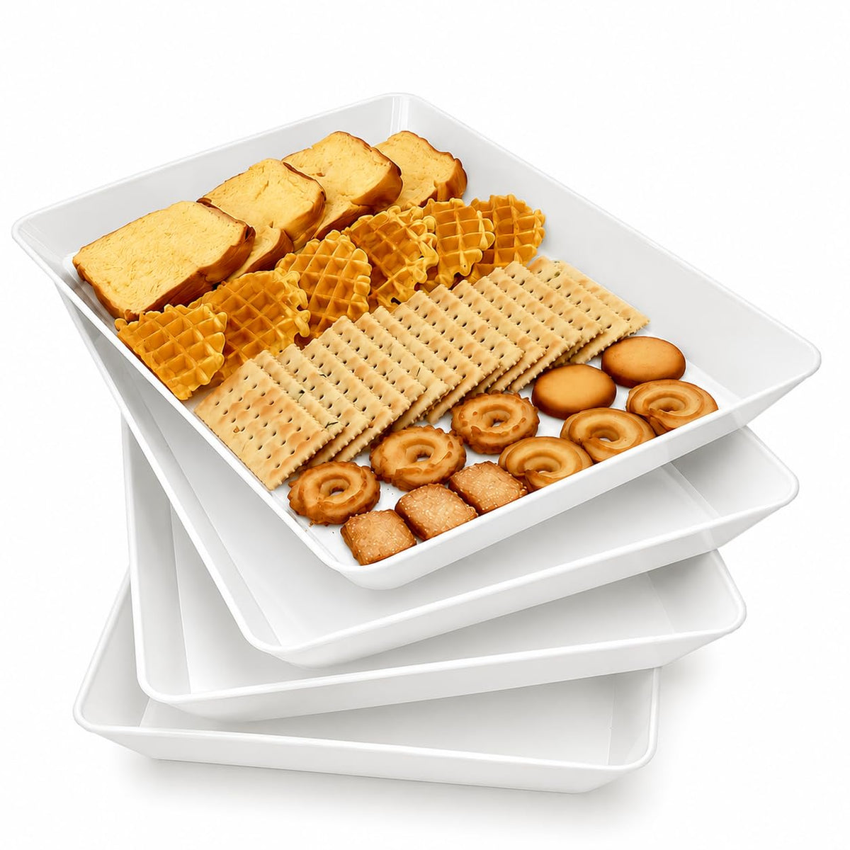 Serving Tray Platter, 4 Pack Food Tray for Veggie Fruit Snack Dessert Cookie Cheese, Food Trays for Party Supplies Display, Plastic Platters for Serving Food, Large White Trays, BPA Free