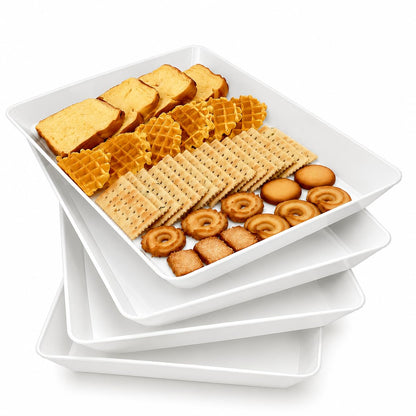 Serving Tray Platter, 4 Pack Food Tray for Veggie Fruit Snack Dessert Cookie Cheese, Food Trays for Party Supplies Display, Plastic Platters for Serving Food, Large White Trays, BPA Free