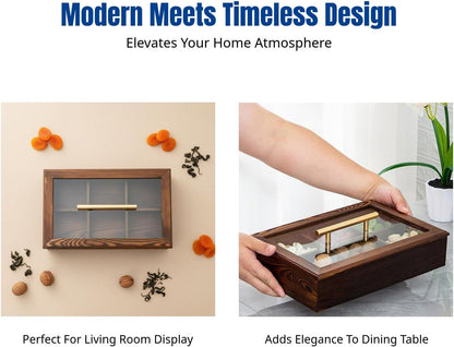 Divided Serving Tray with Lid, Wooden Snack Serving Tray for Nuts, Candy, Cookies, Dried Fruit and Sweets, Rectangle Snack Storage Box with Handle for Party, Family Gathering, Tea Table and Home Decor
