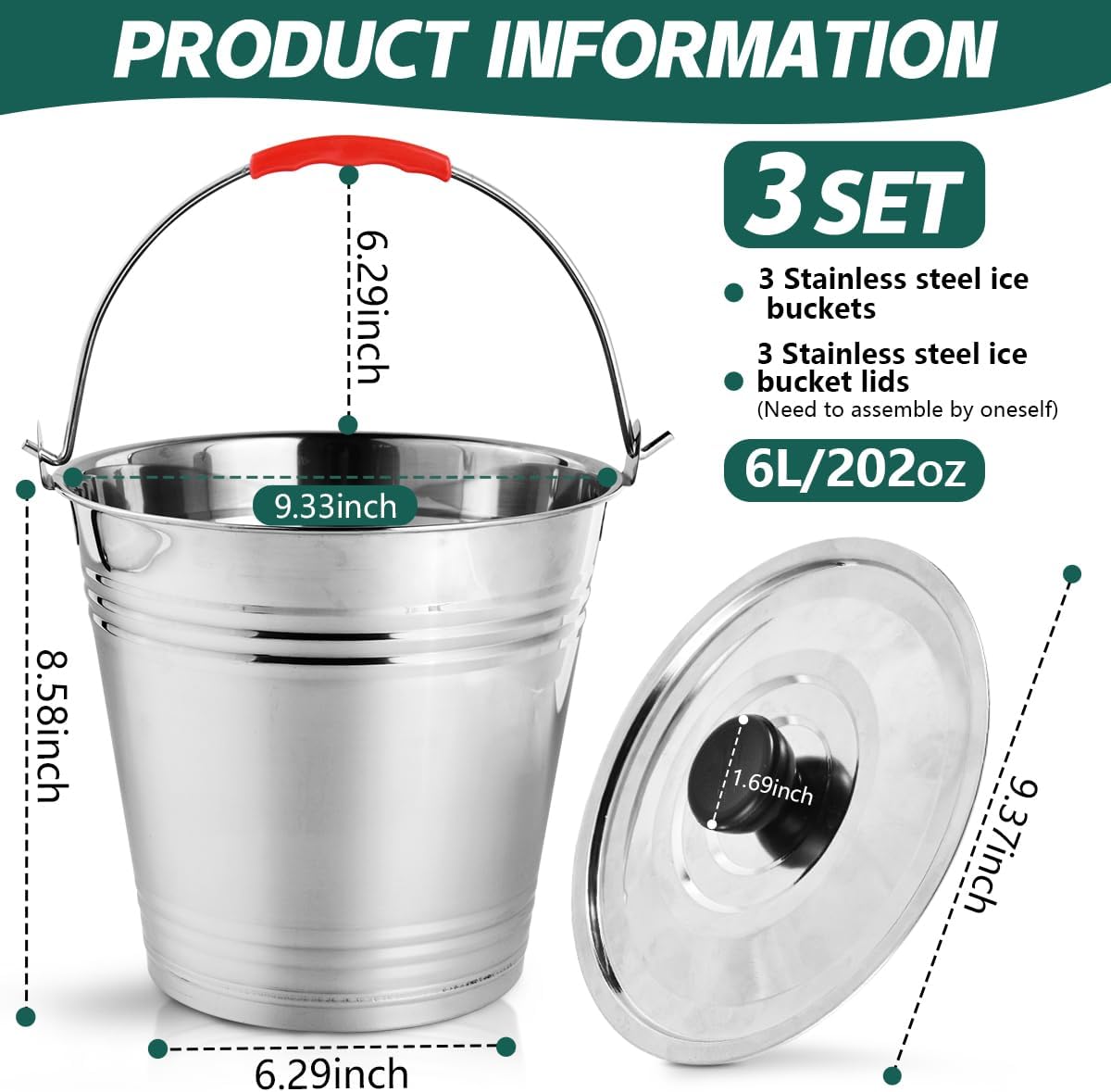 OBTANIM 3 Pack 6L Stainless Steel Metal Ice Buckets Champagne Drink Cooler Storage Ice Pails with Handle and Lid for Party Favors Organizing Home Parties Bar Cooling Supplies